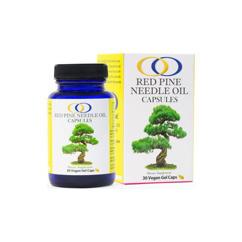 Red Pine Needle Oil Capsules in a blue bottle with packaging featuring a pine tree illustration. Vegan supplement for immune support.