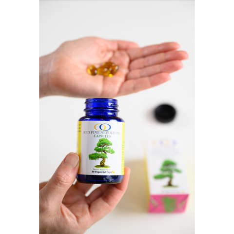 Open bottle of Red Pine Needle Oil Capsules with gel caps in hand. Vegan antioxidant-rich supplement for immune and skin health.