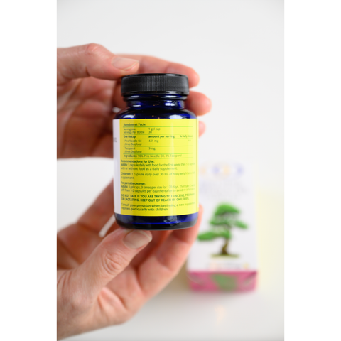 Hands holding a blue bottle of Red Pine Needle Oil Capsules with visible nutrition facts. Vegan supplement for skin and immune health.