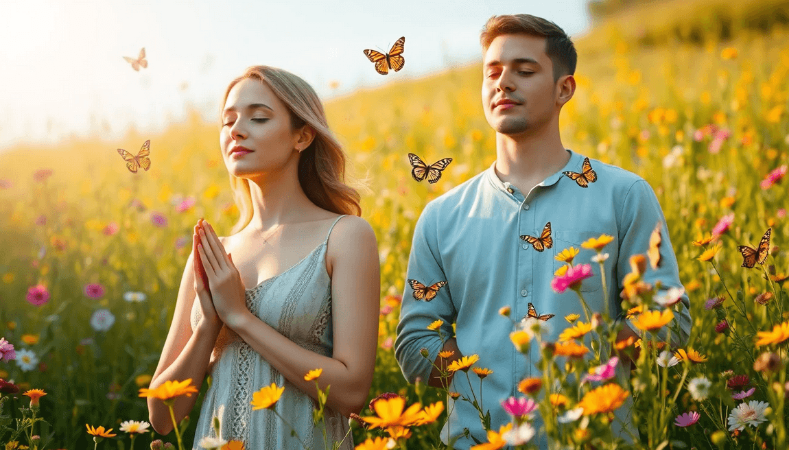 A serene scene of a man and woman meditating in a flower field surrounded by butterflies, symbolizing spiritual cleansing and balance.