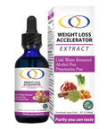 Weight-loss Accelerator Extract 2oz bottle with packaging, featuring cold water extraction, alcohol-free, and preservative-free formula.