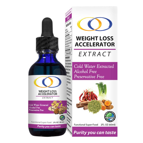 Weight-loss Accelerator Extract 2oz bottle with packaging, featuring cold water extraction, alcohol-free, and preservative-free formula.