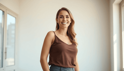 Smiling woman in a brown tank top, representing confidence and health benefits of using Weight-loss Accelerator Extract.