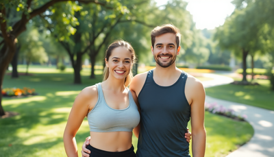 Fit and healthy couple in athletic wear smiling outdoors. Achieve weight loss and wellness with Fulvic Ionic Minerals X350 supplement.