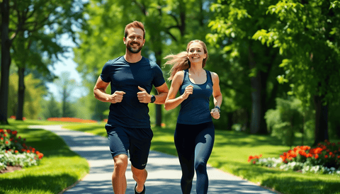 Fit couple jogging outdoors, representing active lifestyle and weight management supported by Weight-loss Accelerator Extract.