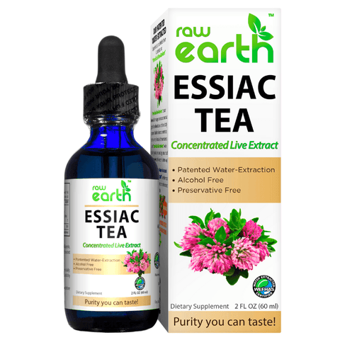 Essiac Tea Extract 2oz by Raw Earth with patented water-extraction, alcohol-free formula, and rare herbs for immune support and detox.