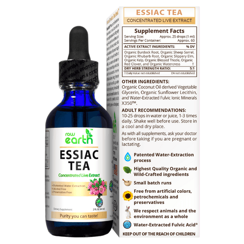 Essiac Tea Extract 2oz with supplement facts, organic ingredients, and adult recommendations for immune system support and detoxification.