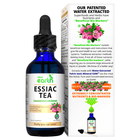 Essiac Tea Extract 2oz featuring concentrated nutrients, beneficial bio-markers, and water-extracted fulvic minerals for optimal health benefits.